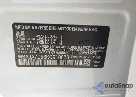 2019 BMW 530I xDrive z USA, uszkodzony, nr VIN WBAJA7C56KG910678